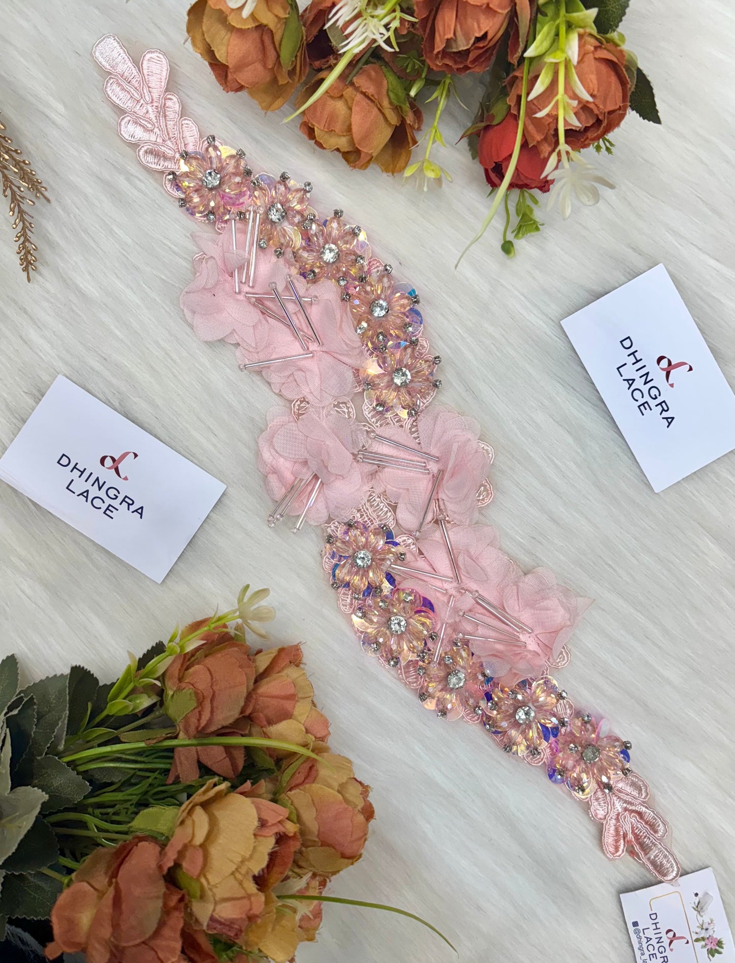 Beautiful Organza Based Crystal And Cutpipe Work Patch Baby Pink Length 17 Inches 220125