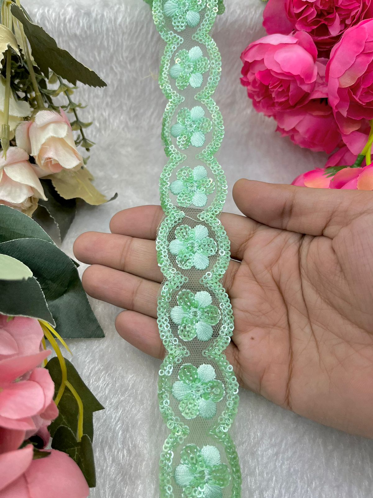 Beautiful Sequins Work Lace Sea Green 240824