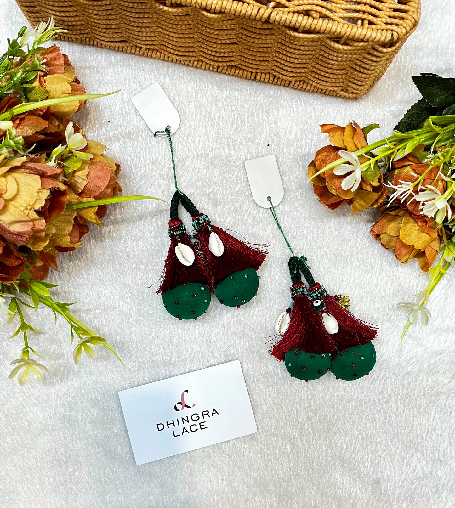Beautiful Cotton Balls Thread , Evil Eyes And Shells Work Hanging Green And Maroon 131124
