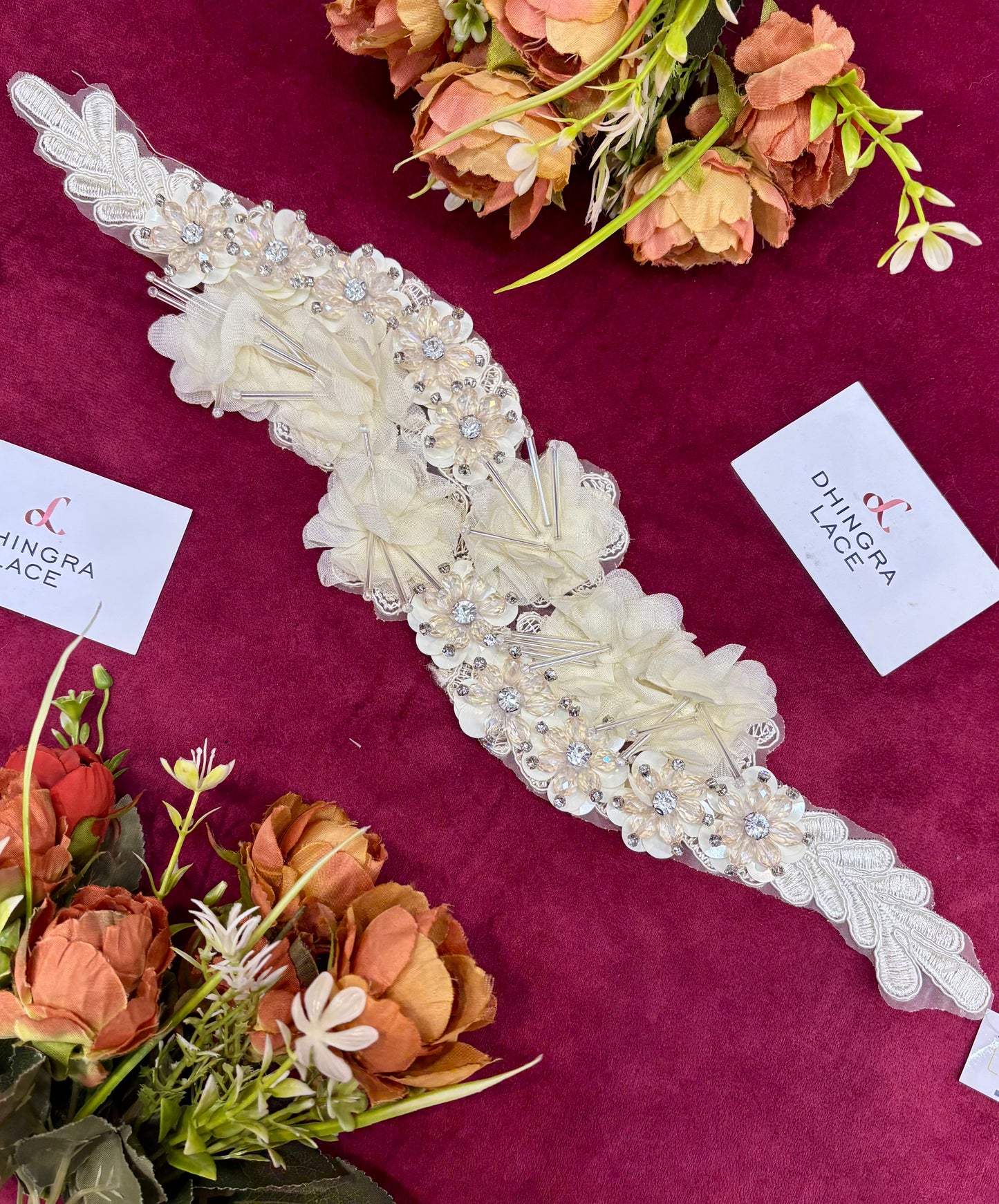 Beautiful Organza Based Crystal And Cutpipe Work Patch Off White Length 17 Inches 220125