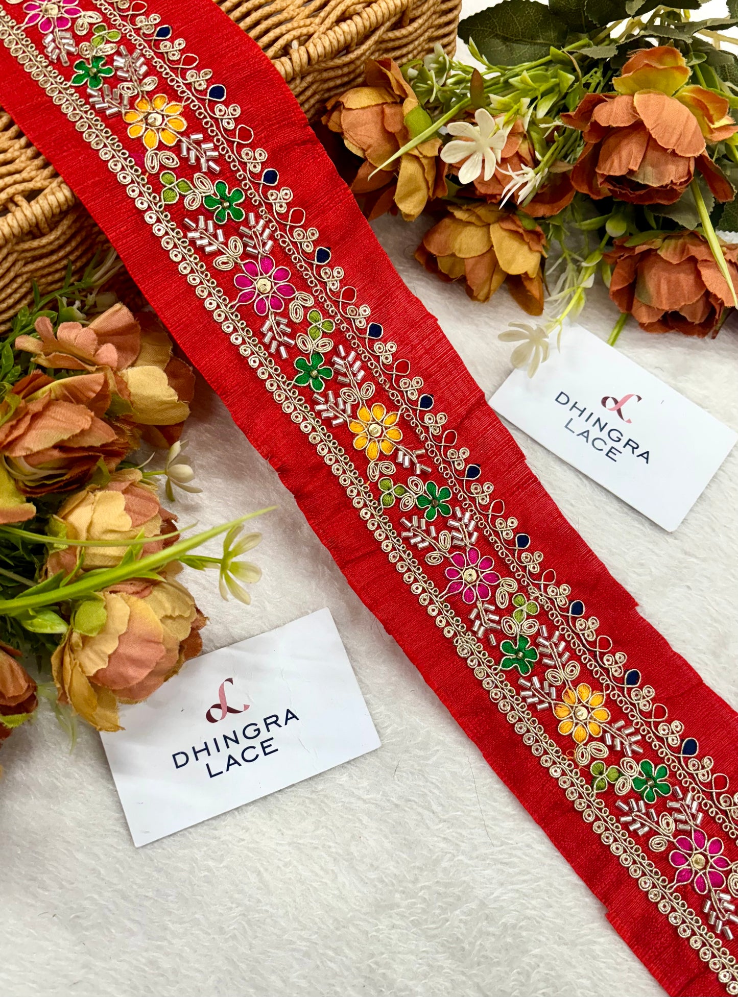 Beautiful Silk Based 2.5 Inches Broad Lace Red Multi 091024