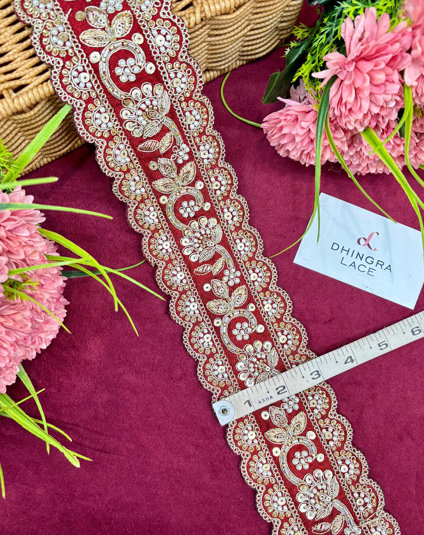 Beautiful Silk Based Handwork 3 Inches Broad Lace Maroon 150125