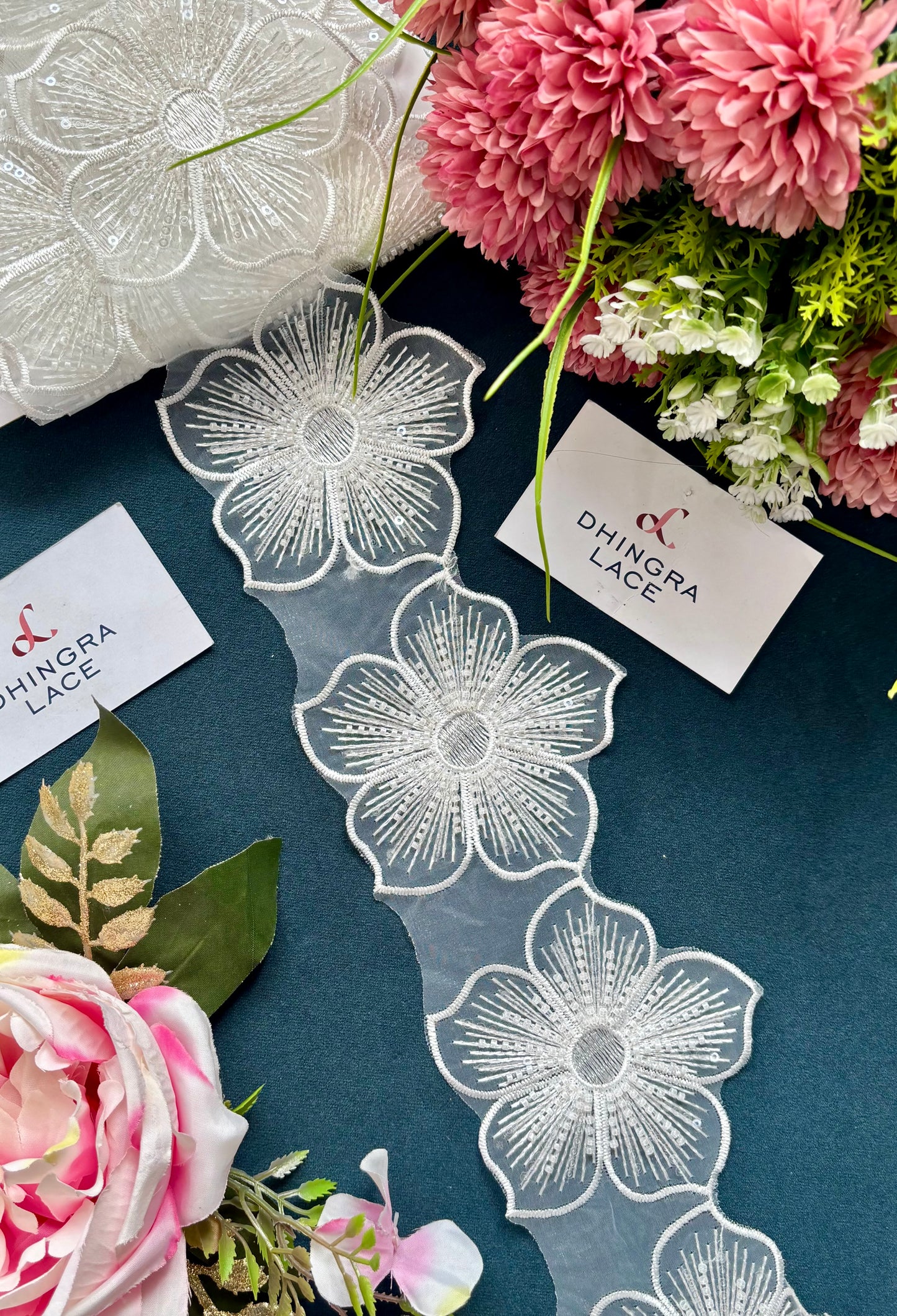 Beautiful Organza Based Cutdana And Sequence Work Flower Lace White 11 Flower In 1 Meter Lace 210625