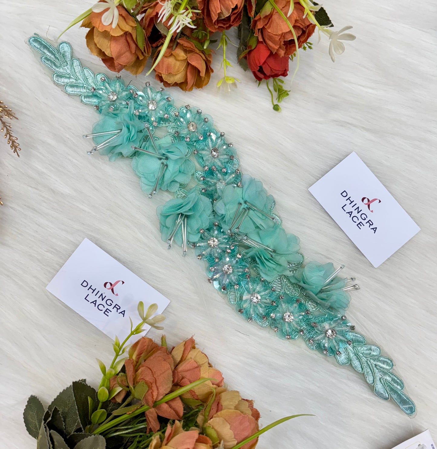 Beautiful Organza Based Crystal And Cutpipe Work Patch Sea Green Length 17 Inches 220125