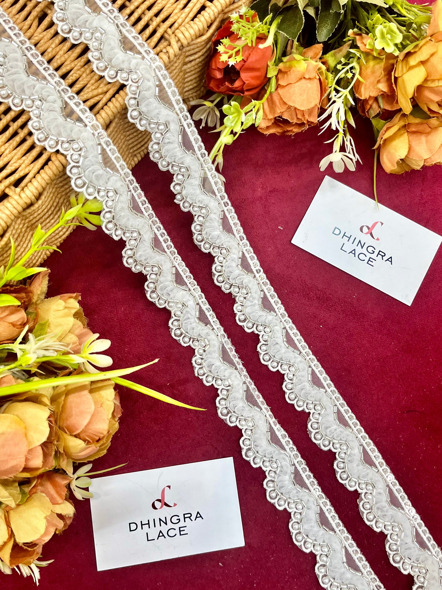 Beautiful Organza Based Cutpipe And Beads Work Lace White 200325