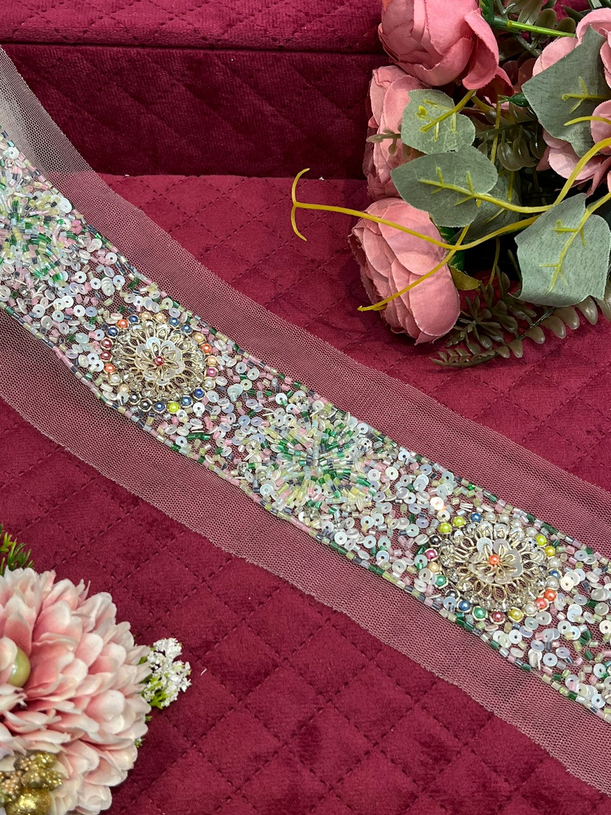 Beautiful Handwork Multicolour 2 Inches Broad Sequins & Stone Work Lace 170824