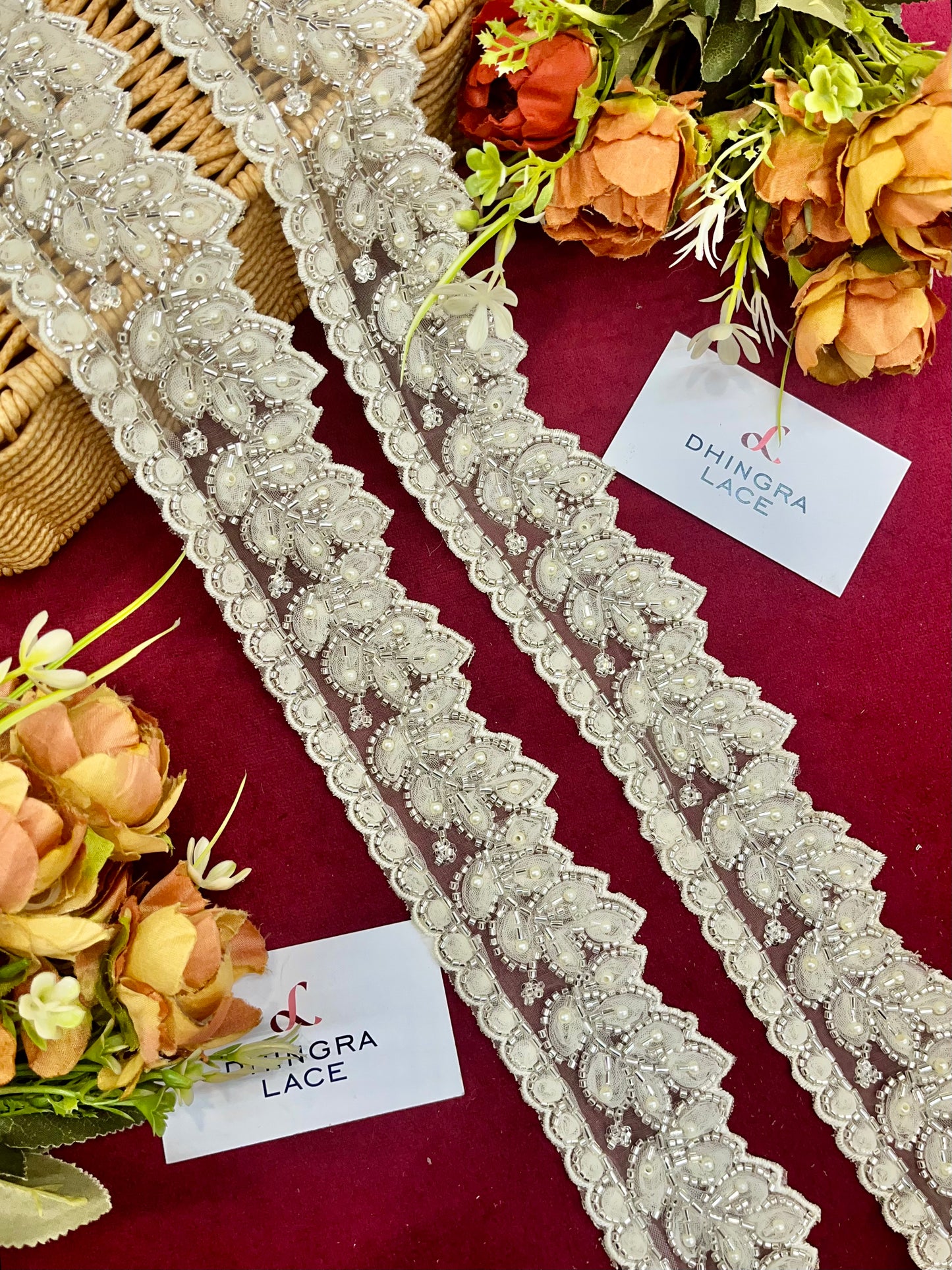 Beautiful Organza Based Cutpipe And Beads Work Lace Off White 200325