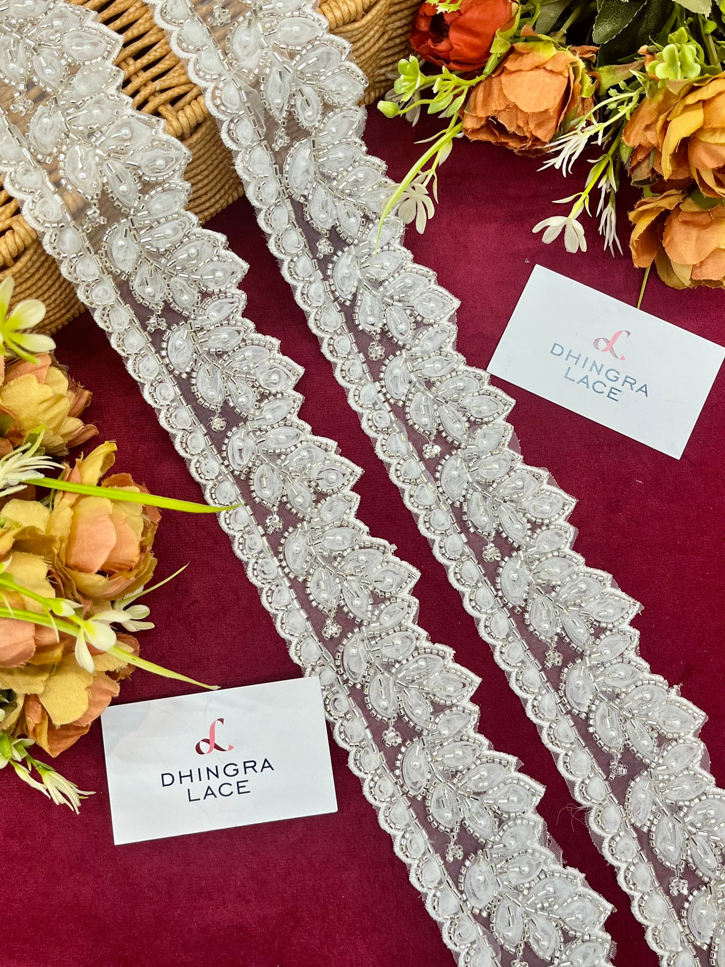 Beautiful Organza Based Cutpipe And Beads Work Lace White 200325