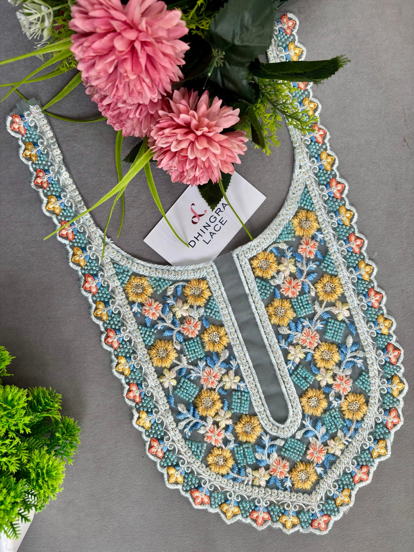 Beautiful Net Based Threadwork & Cutdana Work Neck Sky blue 130625/1