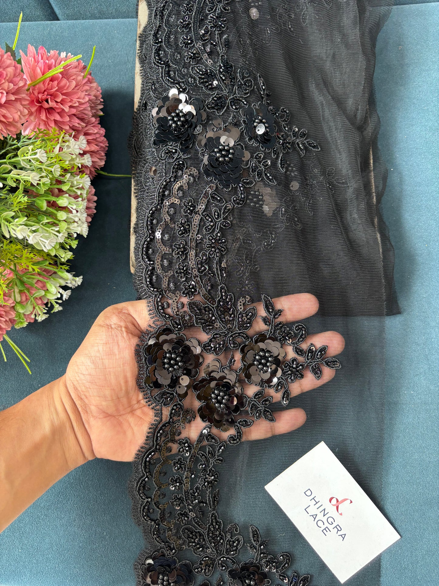 Beautiful Net Based Cutdana And Sequence Work 7 Inches Broad Lace Black 230625