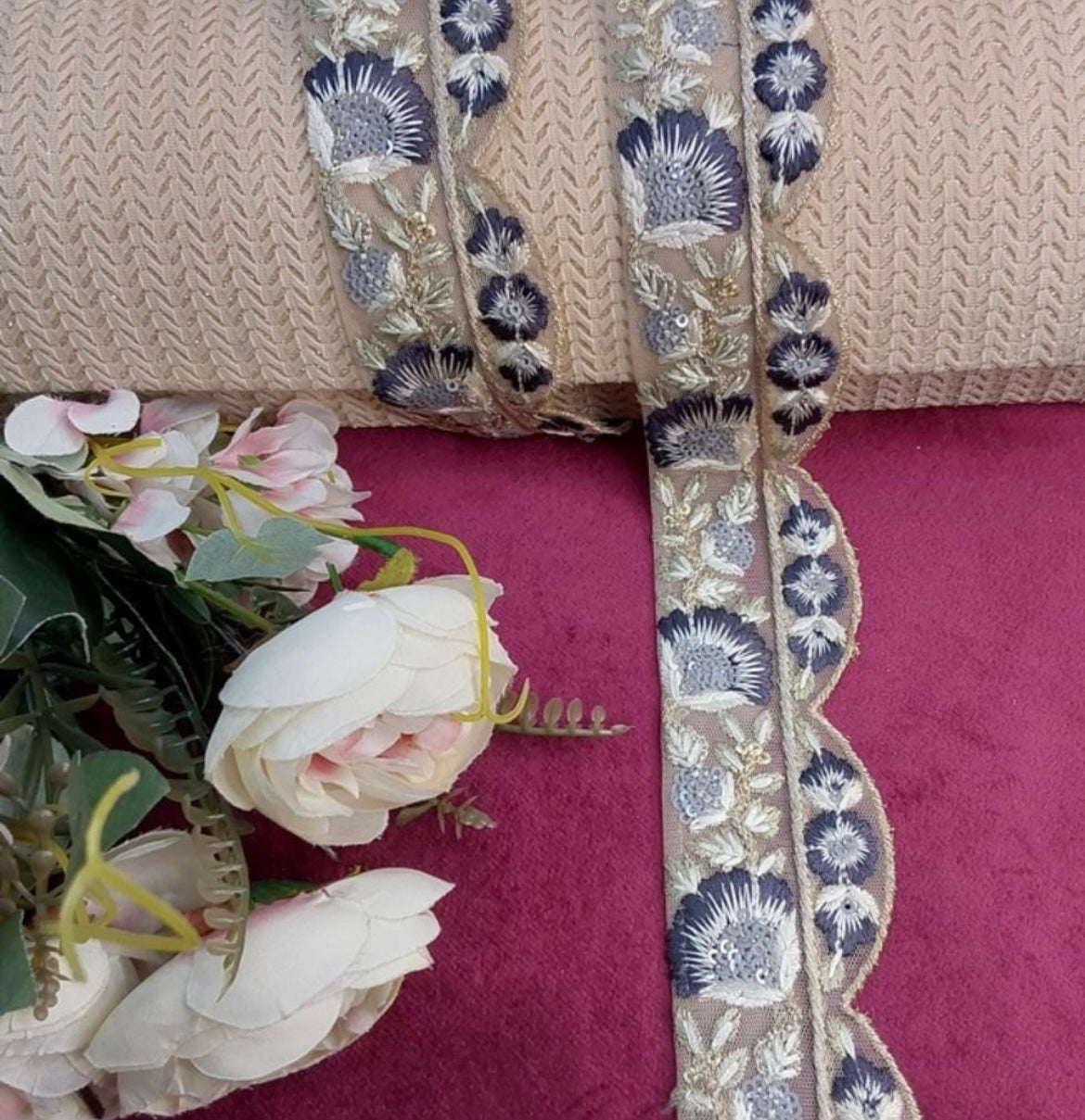 Beautiful Net Based 2 Inches Broad Scallop Thread and Sequins Work Lace Blue & Grey 140924