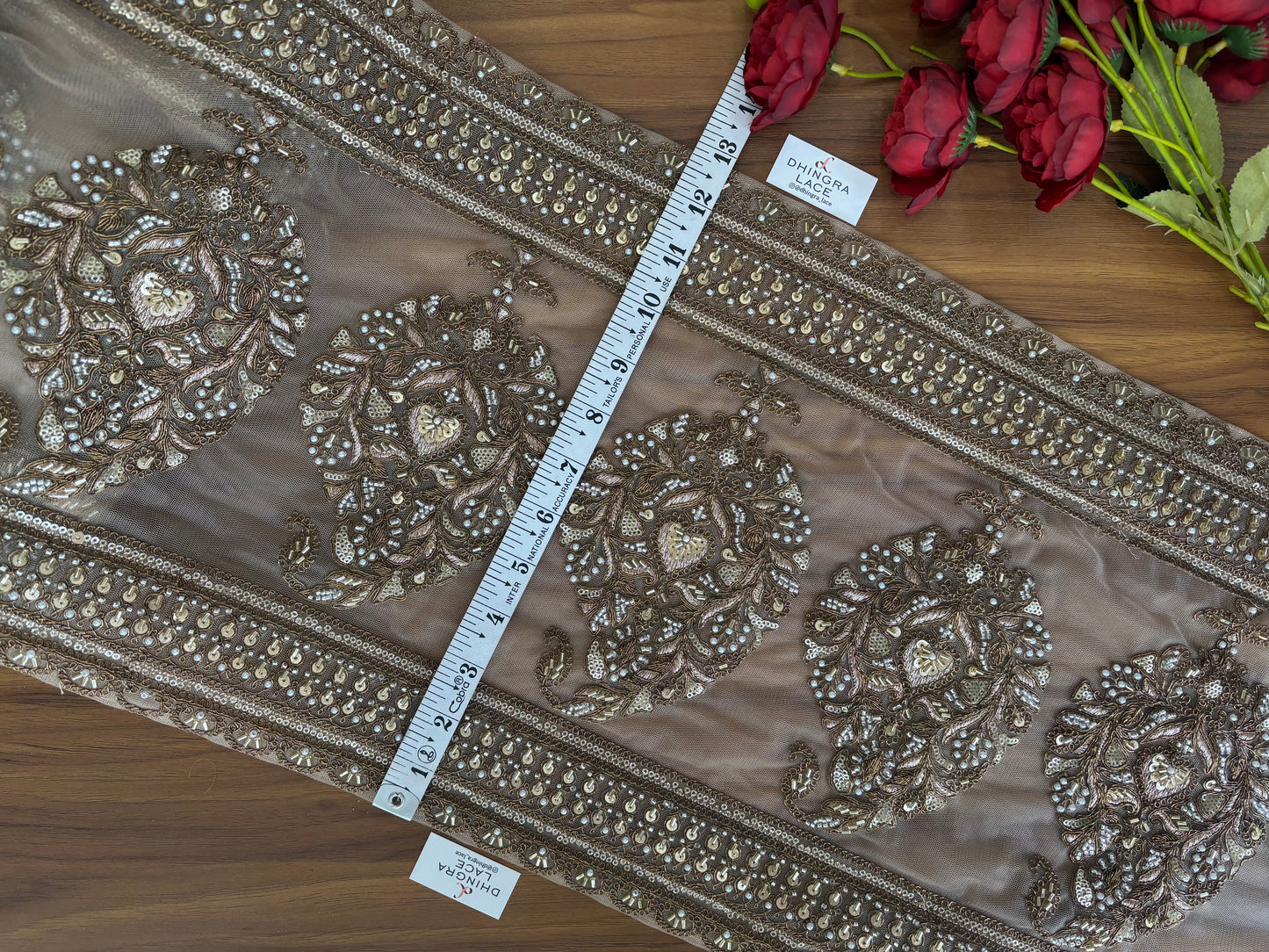 Beautiful Net Based Sequence And Cutpipe Work 13 Inches Broad Border Antique Gold 300126