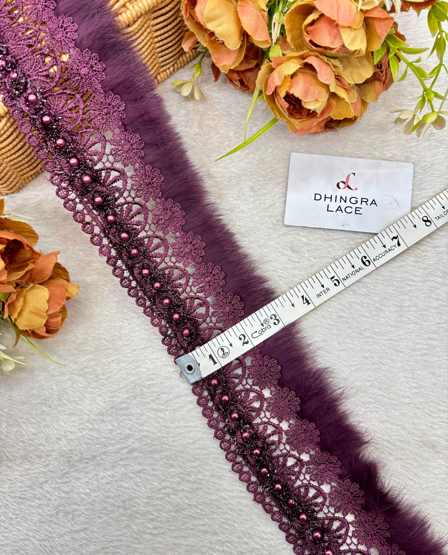 Beautiful Cotton Based Pearls And Feather Work 3 Inches Broad Lace Wine 220925