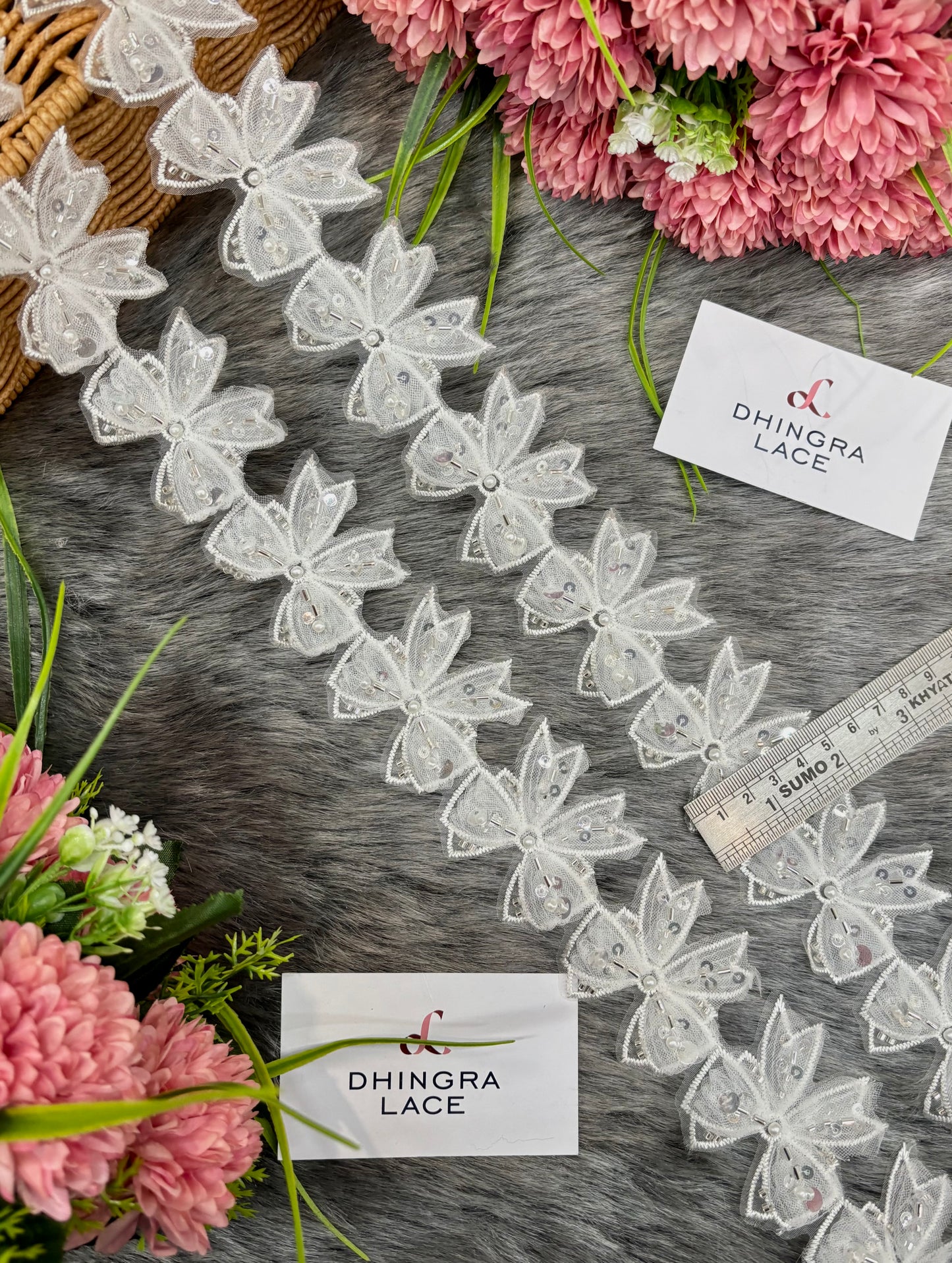 Beautiful Organza Based Cutpipe Sequence And Beads Work Bow Lace White 220225