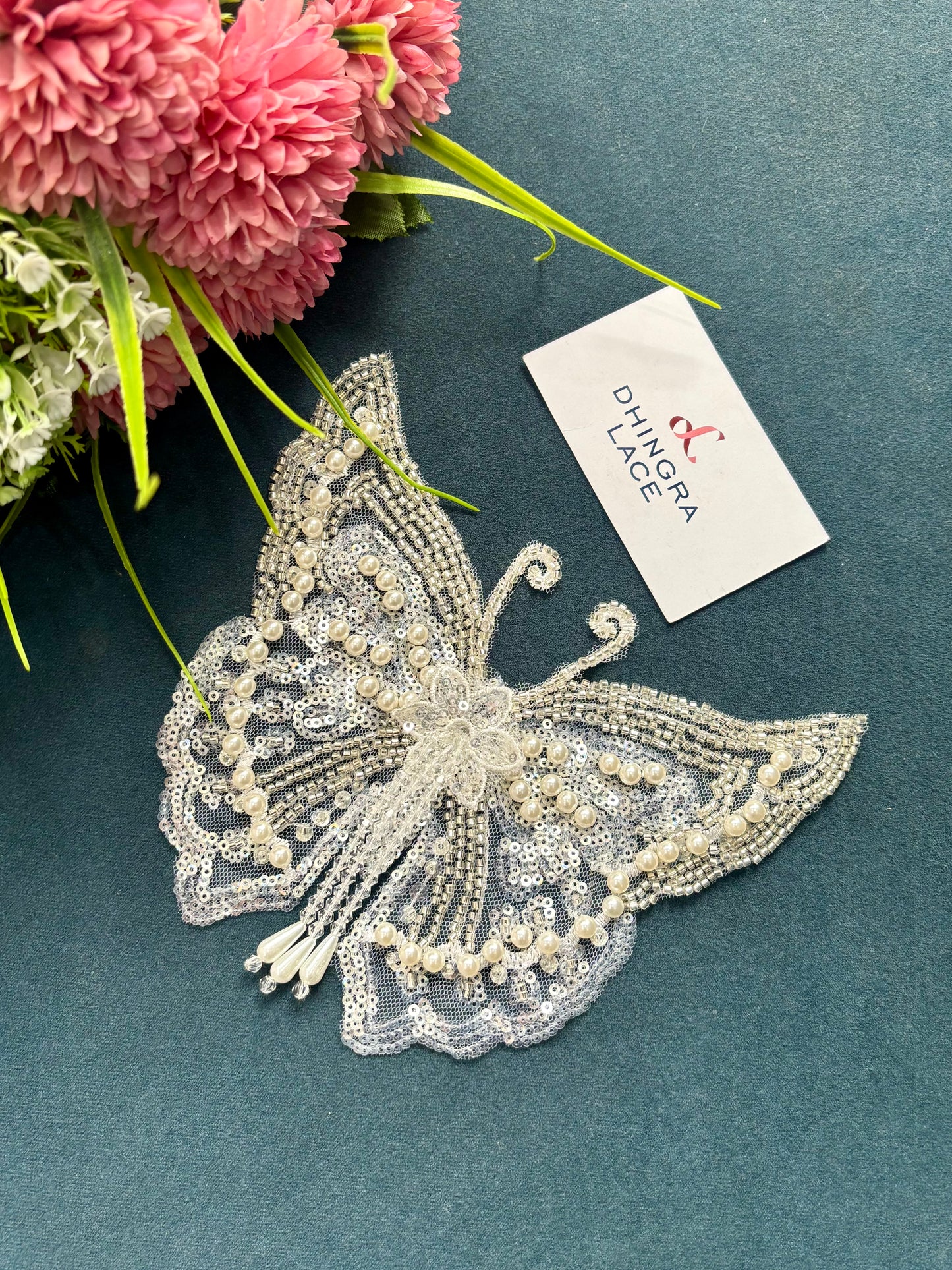 Beautiful Net Based Pearls Sequence And Crystal Work Butterfly Patch 160625