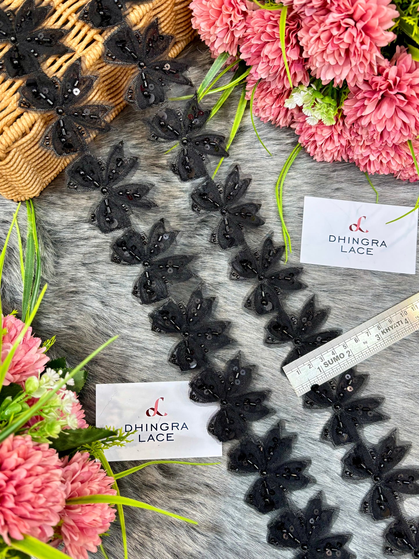 Beautiful Organza Based Cutpipe Sequence And Beads Work Bow Lace Black 220225