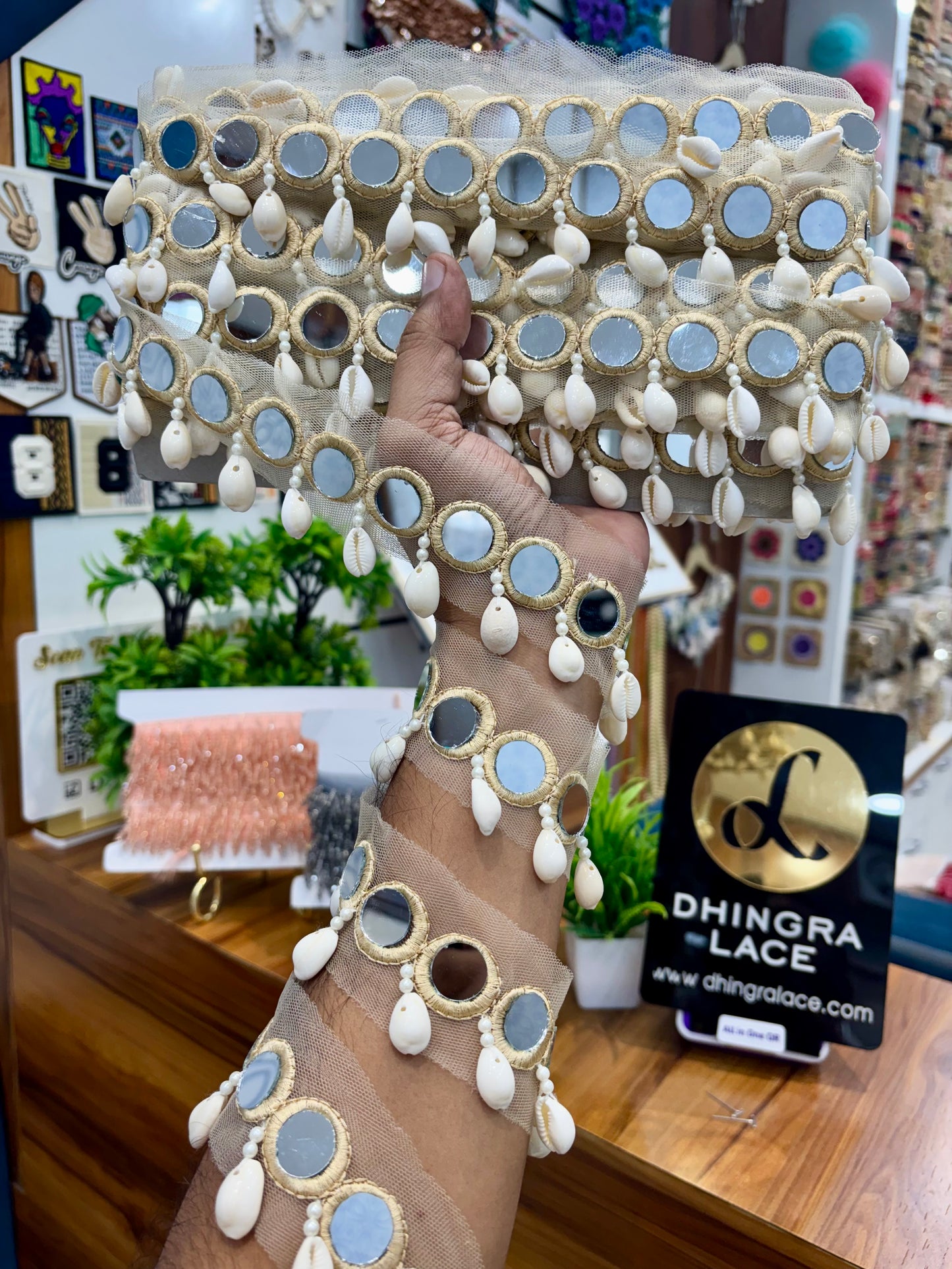 Beautiful Mirror Work Hanging Lace Gold 260925