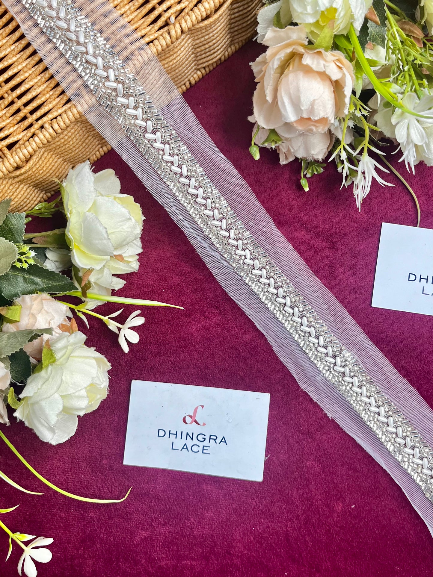 Beautiful Handwork Cutpipe And Beads Work Lace White Silver 061124