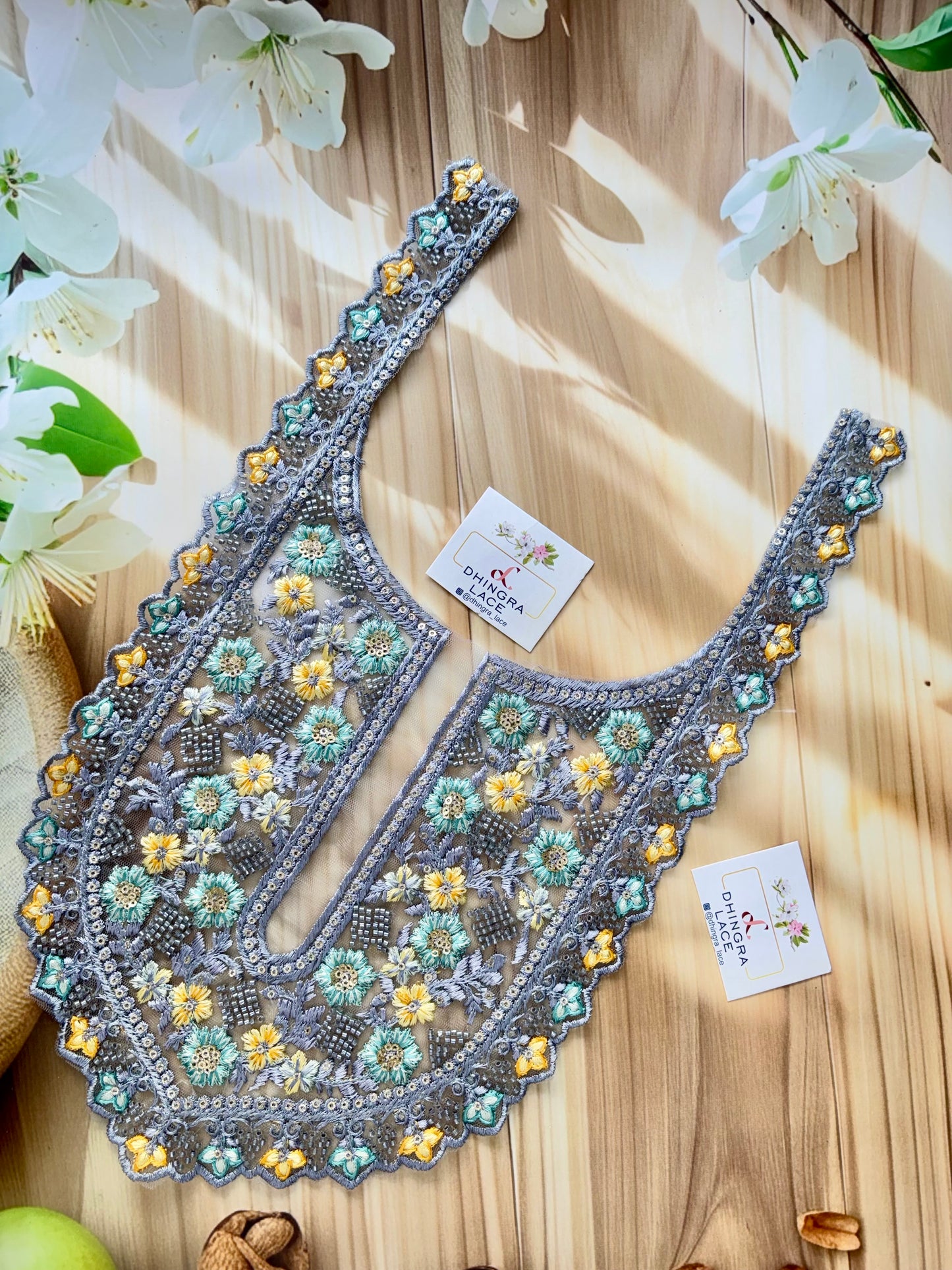 Beautiful Net Based Threadwork & Cutdana Work Neck Grey 130625/9