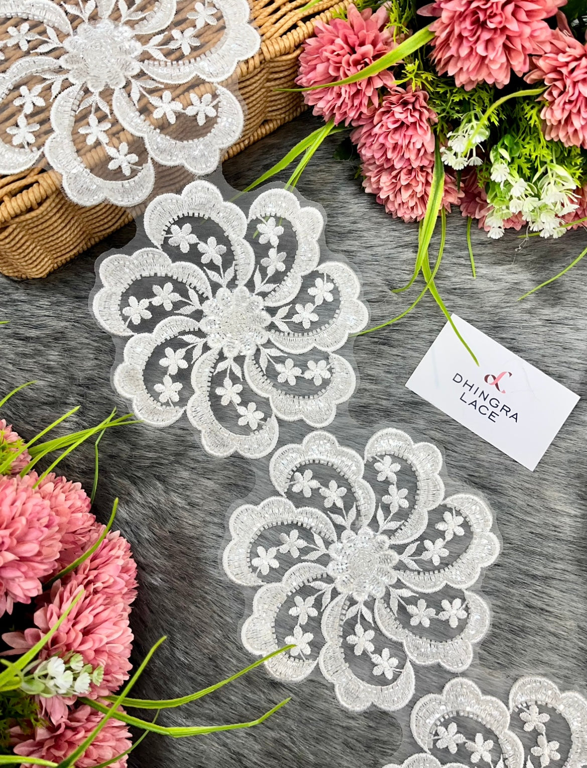 Beautiful Organza Based Cutpipe And Sequence Work Lace White 7 Patches in 1 Meter Lace 290325