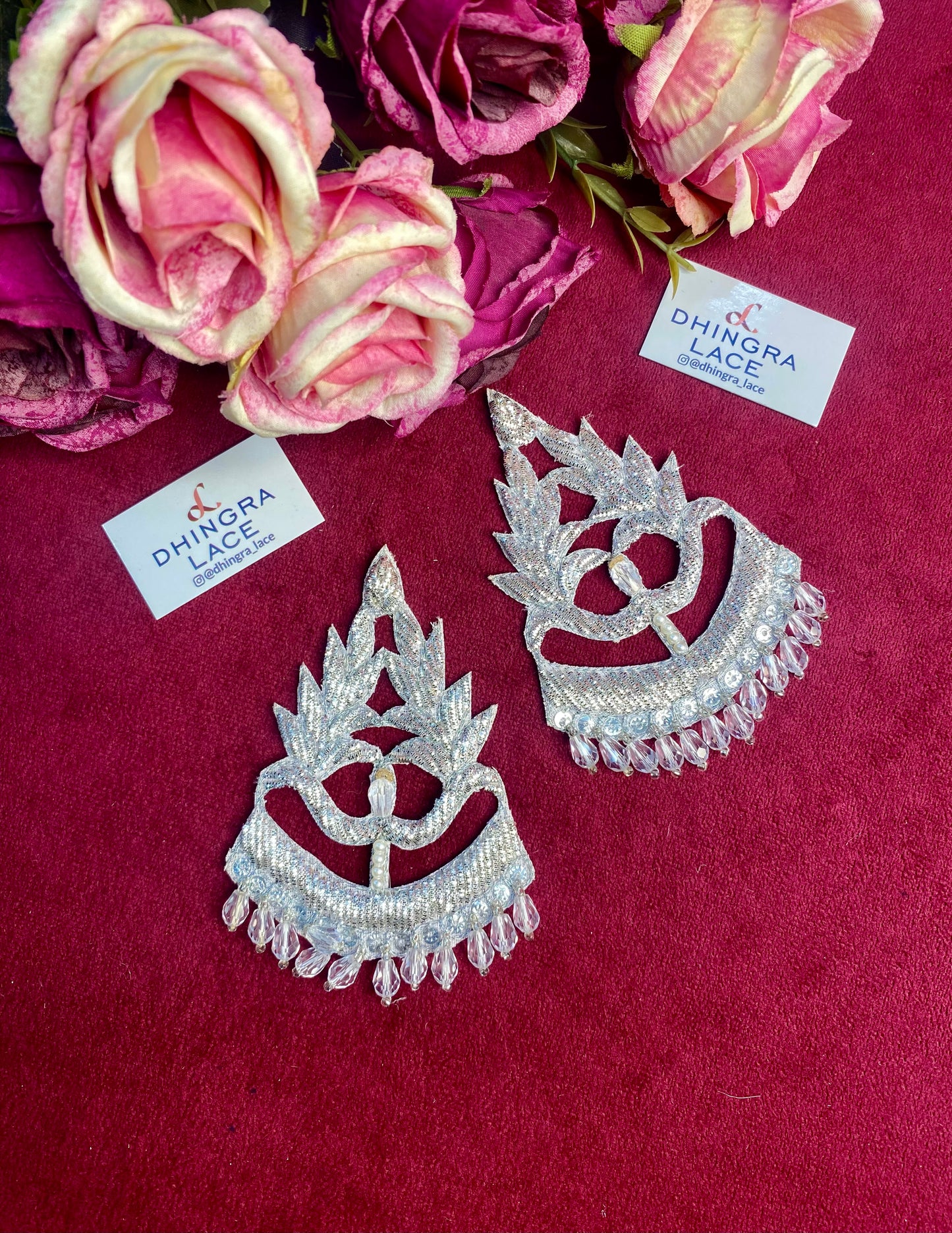 Beautiful Crystal & Zardozi a work Work Patches Silver Pair (2 Pieces) 271225