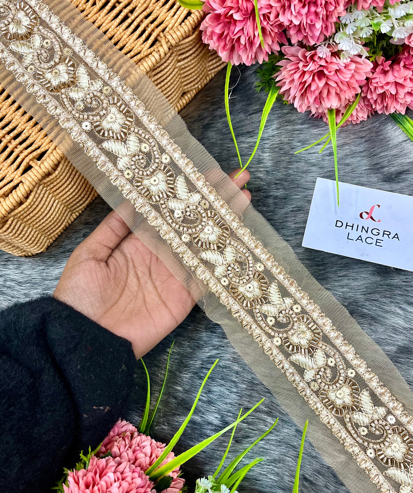 Beautiful Net Based Handwork Sequins And Cutpipe Work Lace Rose Gold 270125