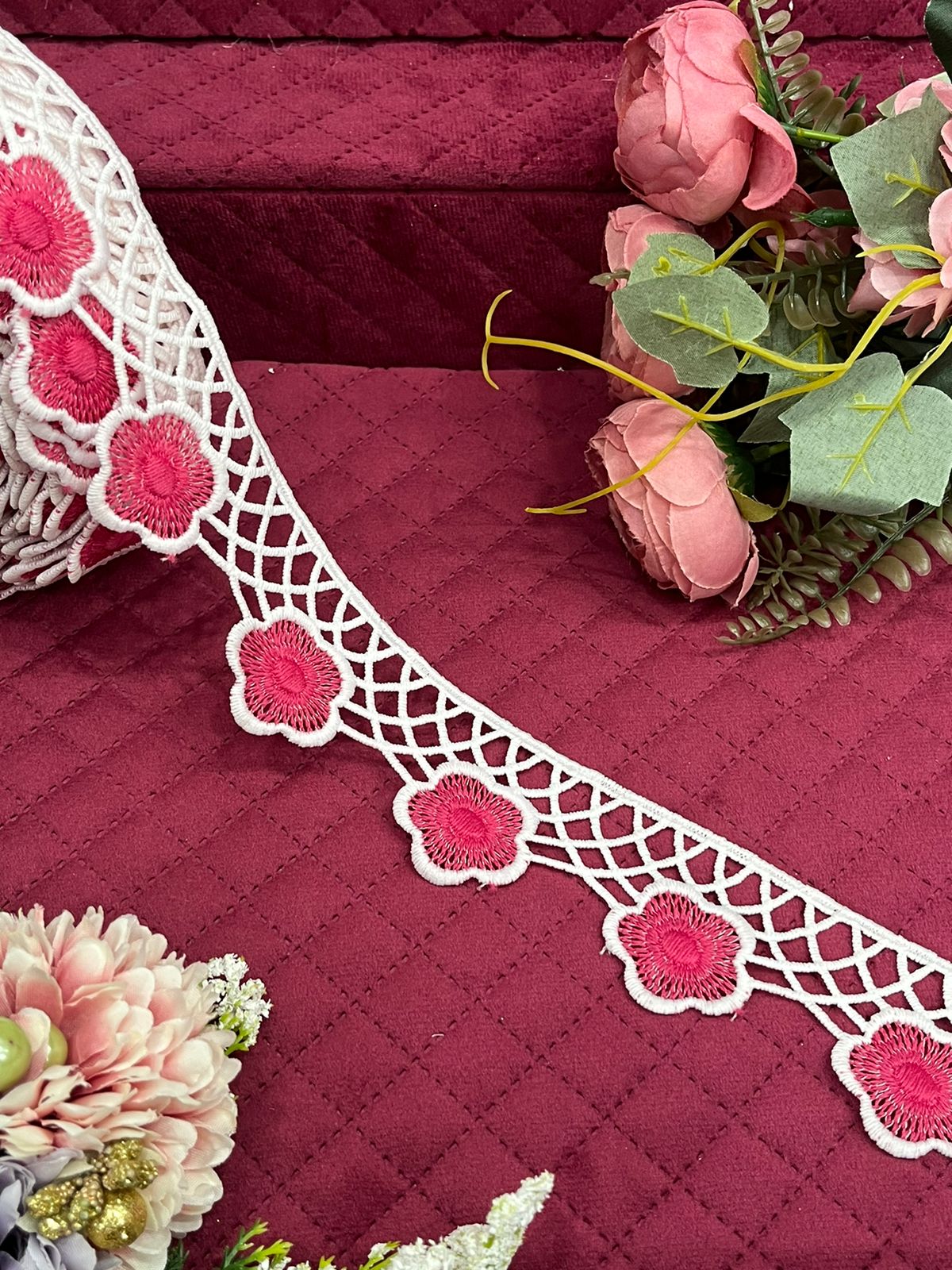 Beautiful Cotton lace With Pink Flower 070824 C2