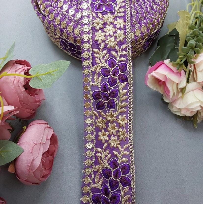 Beautiful Net Based Zari And Thread Work Lace purple 100824