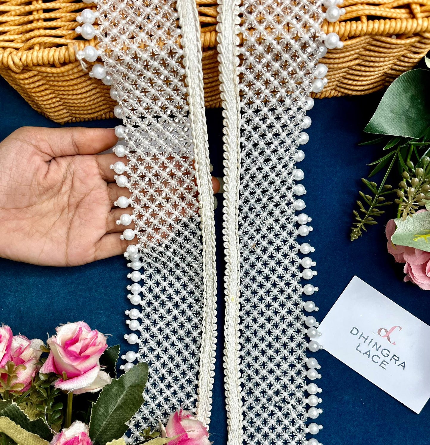 Beautiful 2 Inches Broad Crystal With Beads Work White Lace 130824