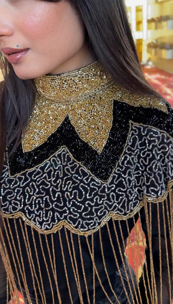 Beautiful Handwork Cutpipes Work Fringes Cape Black & Gold 190824A