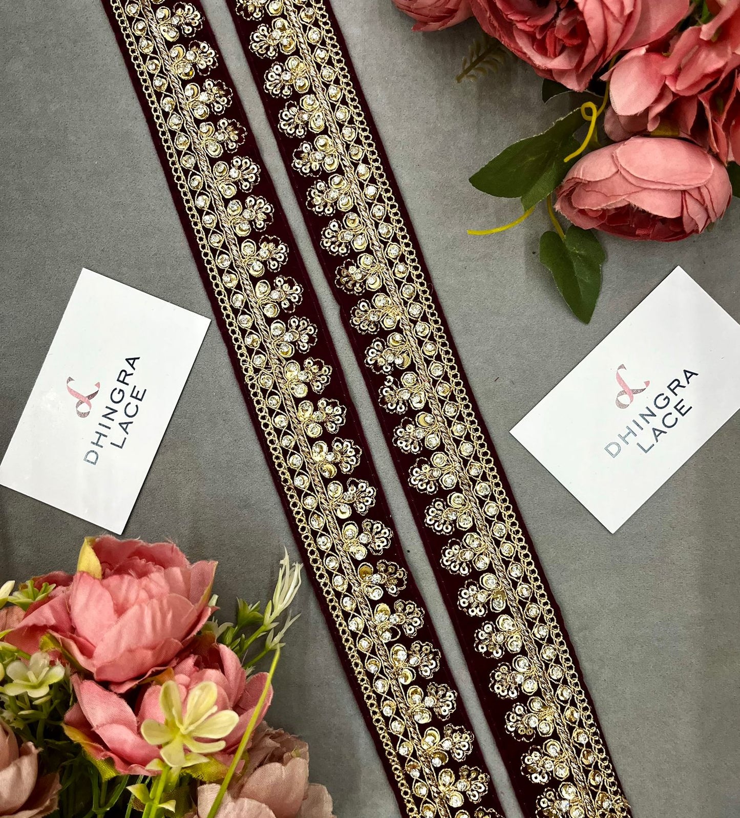 Beautiful Velvet Based 1.5 Inches Broad Lace Wine 310824