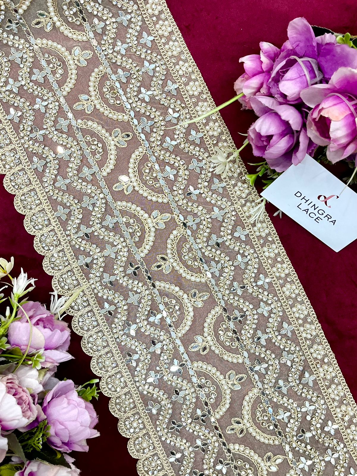 Beautiful 8 Inches Broad Zarkan , Pearls And Mirror Work Lace Border 280924 / 060125