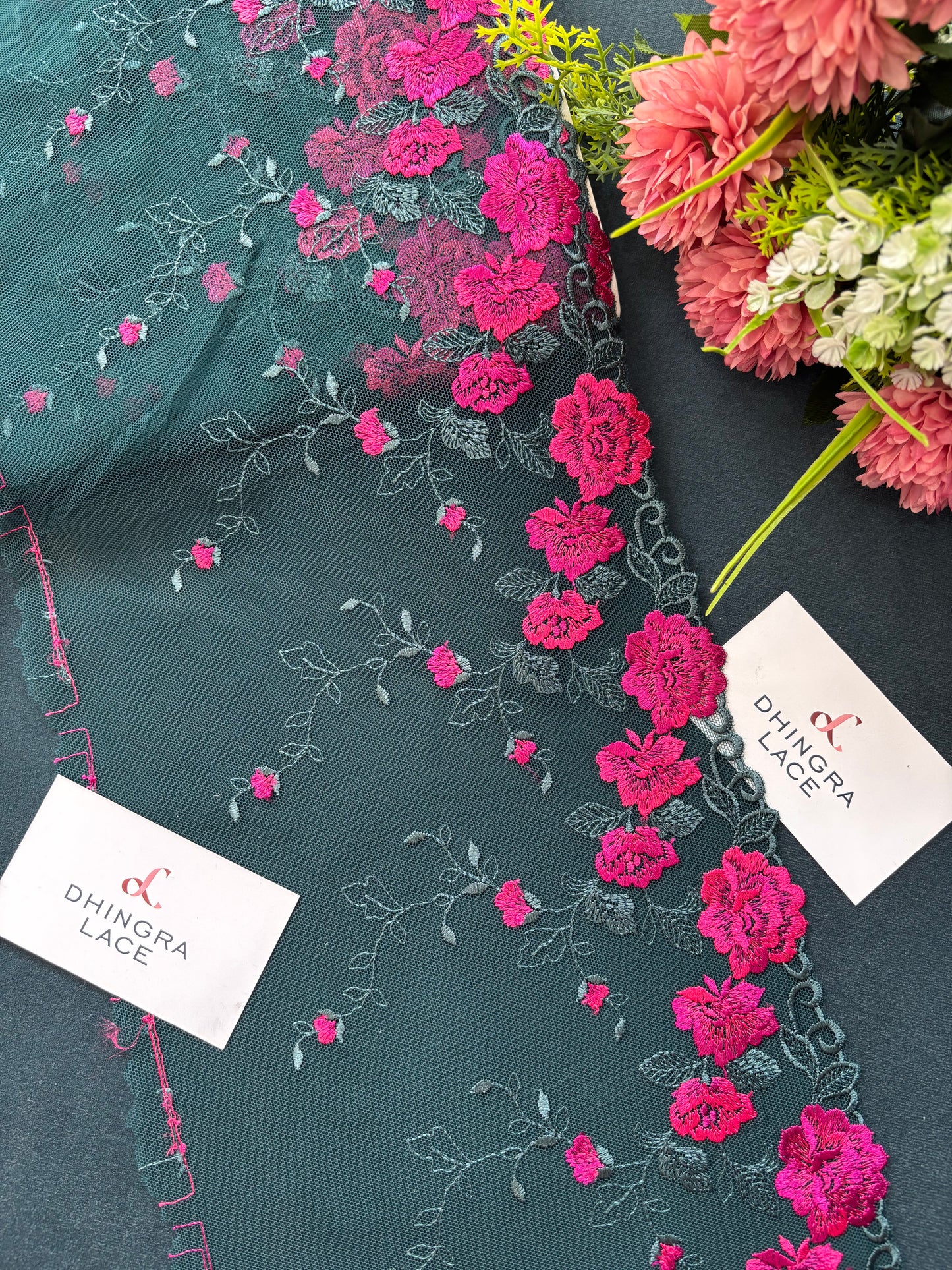 Beautiful Net Base Magenta & Peacock Embroidery Lace 210425