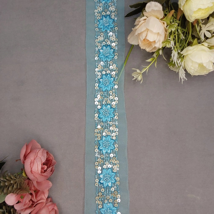 Beautiful Net Based Thread Work And Glass Beads 1.5 Inches Broad 9 Meters Sky blue 070824