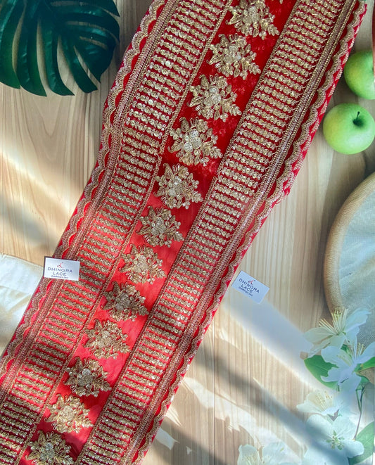 Beautiful Net Based Zari & Sequence Work 9 Inches Broad Border Lace For Saree, Suit, Dupatta, Lehnga Choli Red 160126, 100226