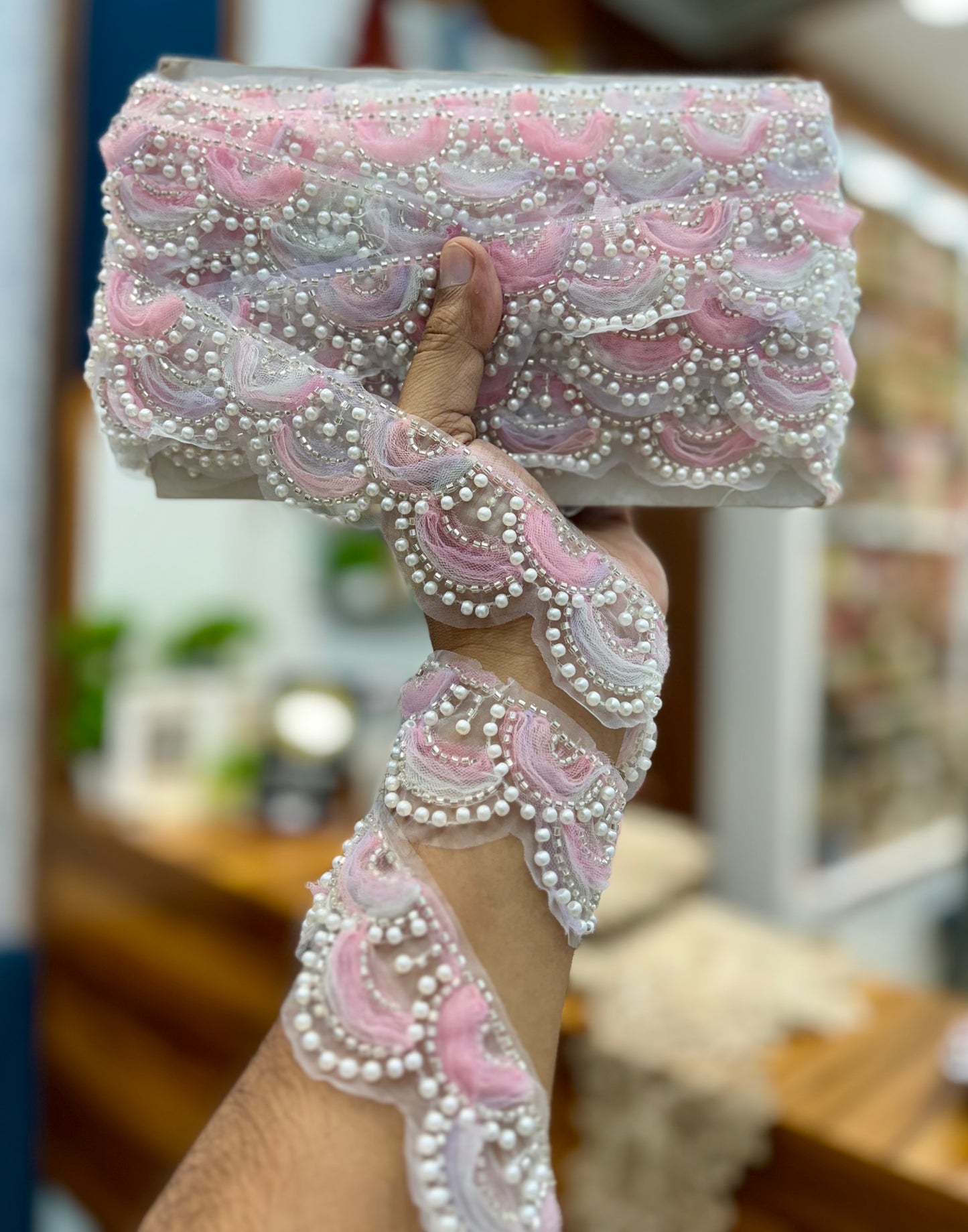 Beautiful Organza Based Pearls And Cutpipe Work Lace Multicolour 260825/251025