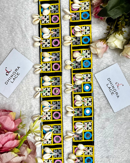 Beautiful Multicolour 2 Inches Broad Threadwork Navratri Tradition Gujrati Mirror & Shells Work Lace 170824