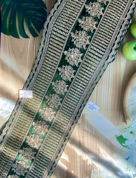 Beautiful Net Based Zari & Sequence Work 9 Inches Broad Border Lace For Saree, Suit, Dupatta, Lehnga Choli Green 160126, 100226