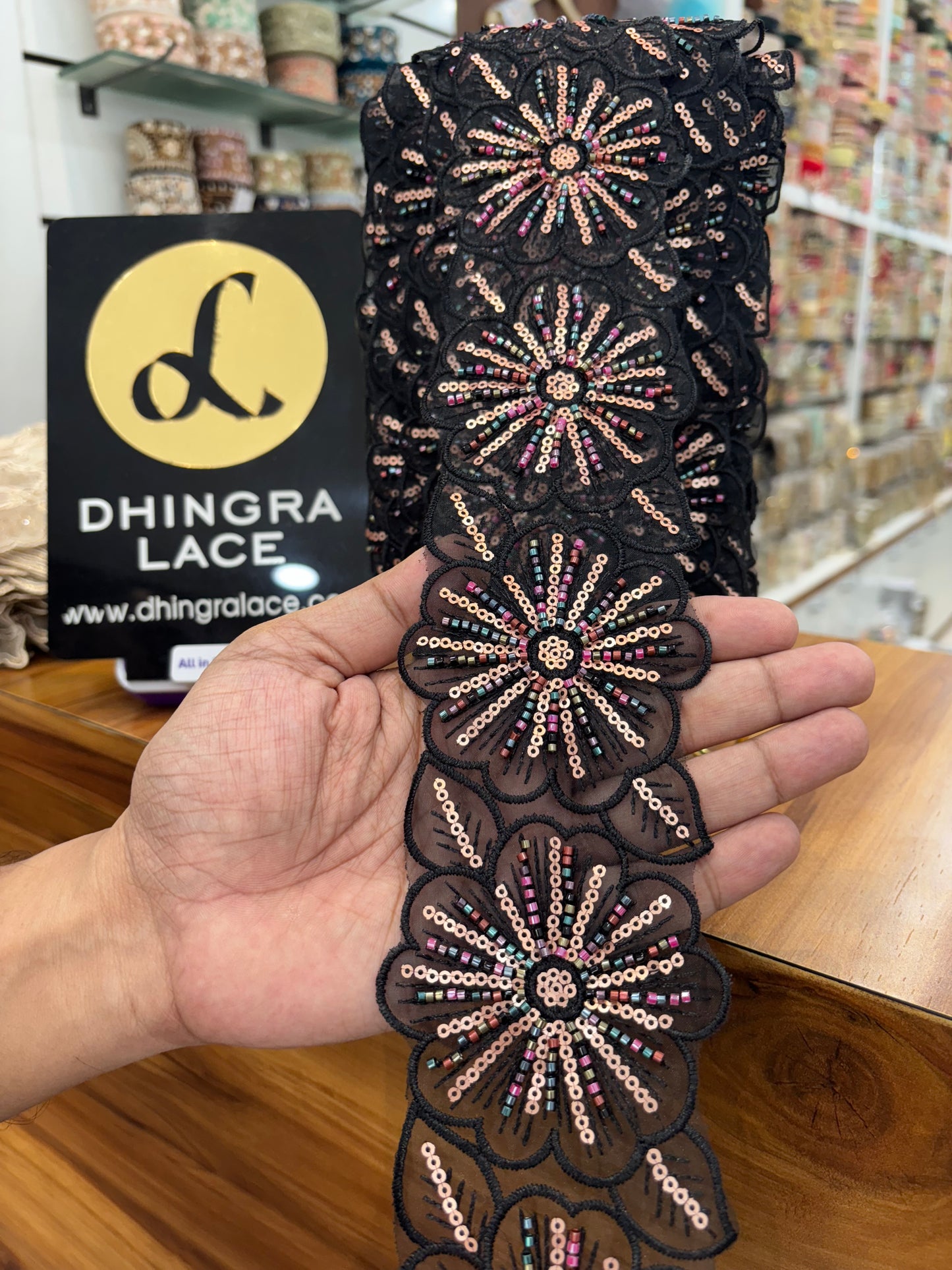 Beautiful Net Based Flower Lace Black Multi 100925