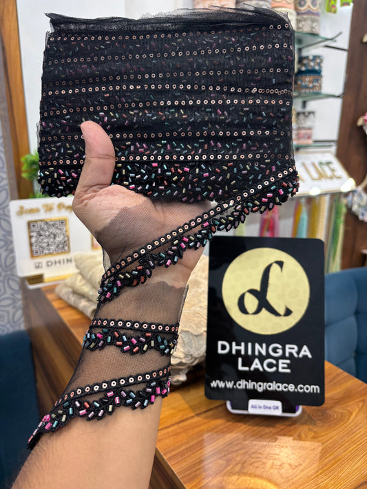 Beautiful Net Based Scallop Lace Black Multi 100925