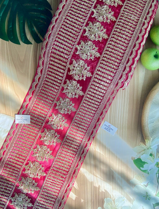 Beautiful Net Based Zari & Sequence Work 9 Inches Broad Border Lace For Saree, Suit, Dupatta, Lehnga Choli Magenta 160126, 100226