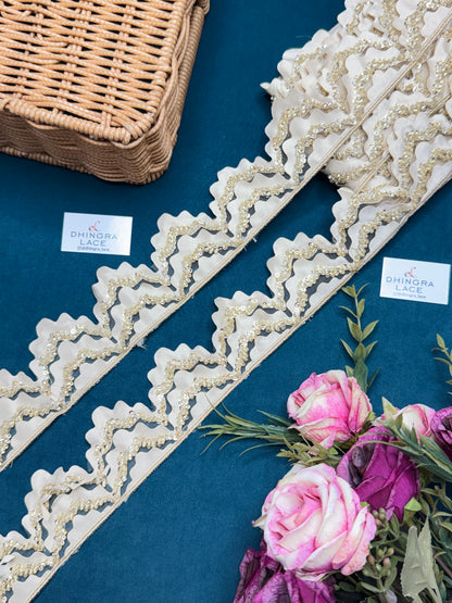 Beautiful Net Based Sequence And Glass Beads Work Scallop Lace 150526