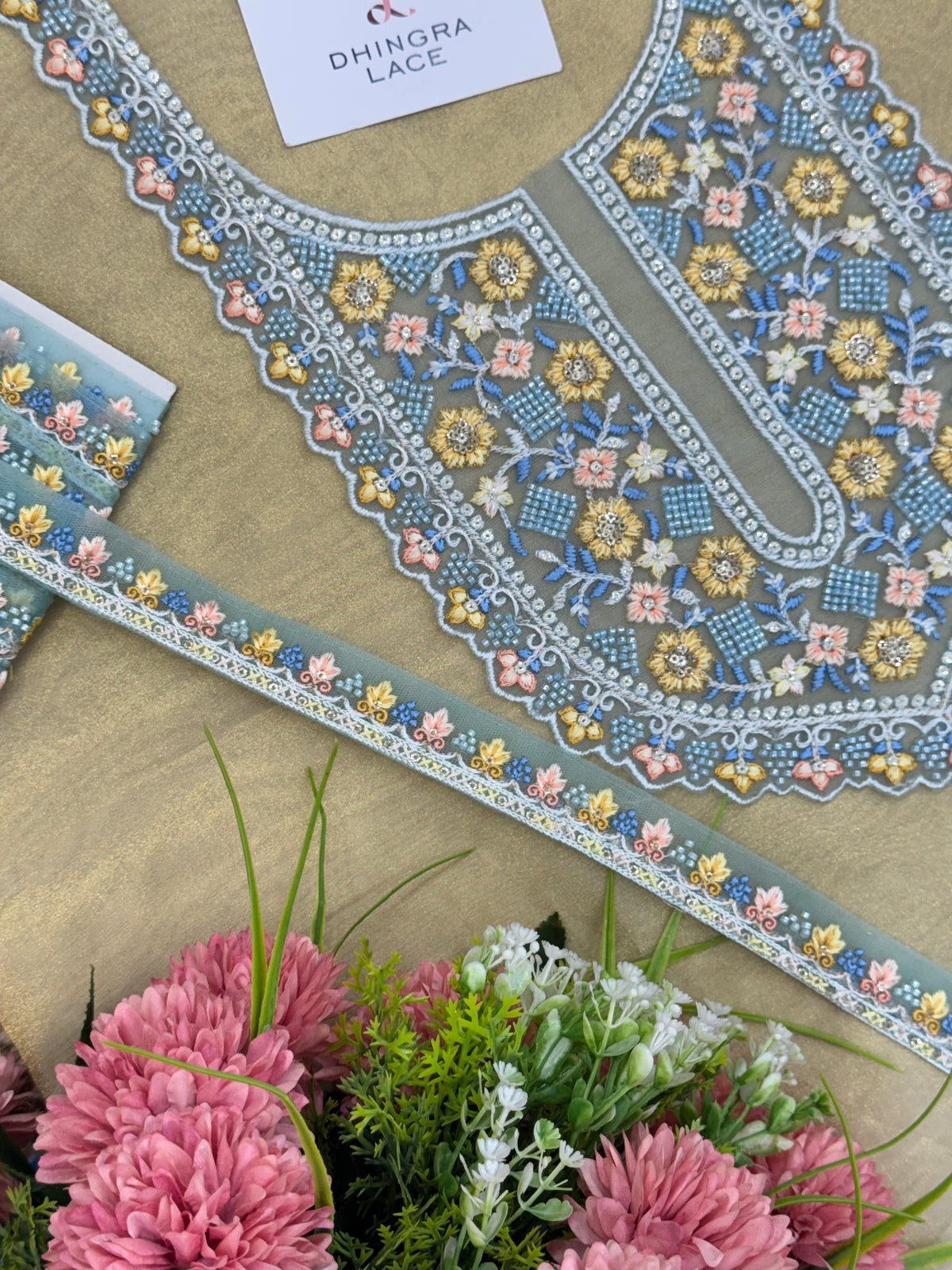 Handwork Neck Design Beautiful Net Based Handwork Neck With 1 Meter Lace Skyblue 060525 ...