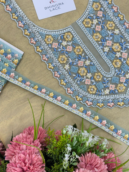Beautiful Net Based Handwork Neck With 1 Meter Lace Skyblue 060525