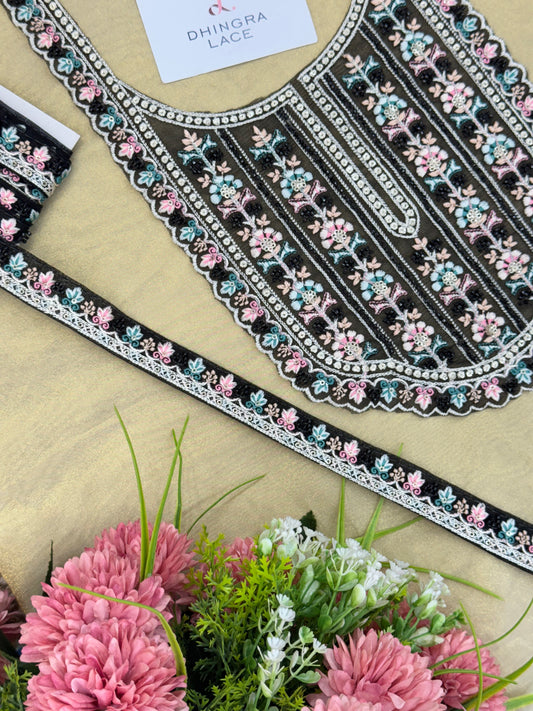 Beautiful Net Based Handwork Neck With 1 Meter Lace Black 060525