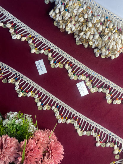 Beautiful Kaudi & Ginni Multicolour Hanging Pearl Lace, Coin Lace, Cowrie shells Lace 120126