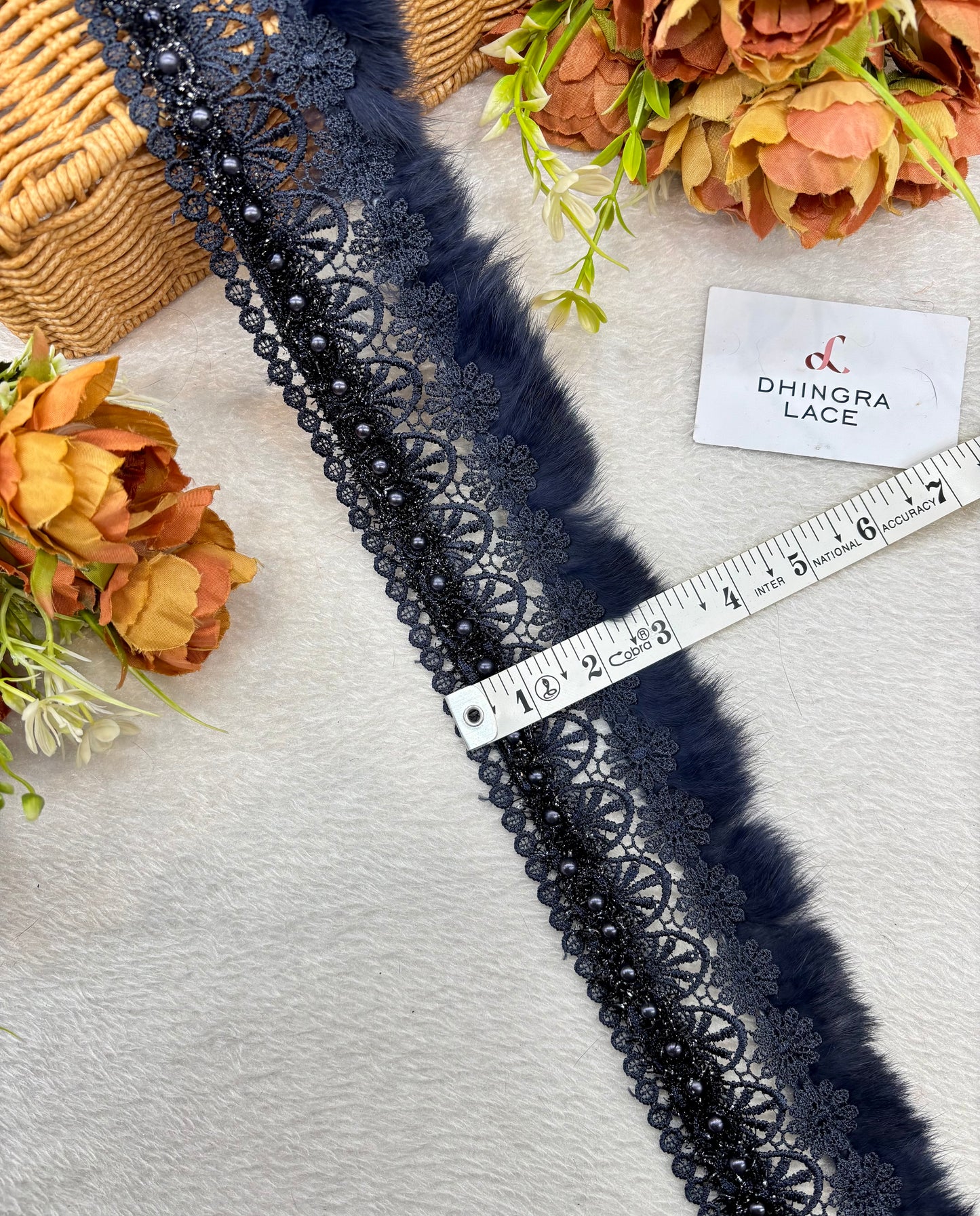 Beautiful Cotton Based Pearls And Feather Work 3 Inches Broad Lace Blue 210125