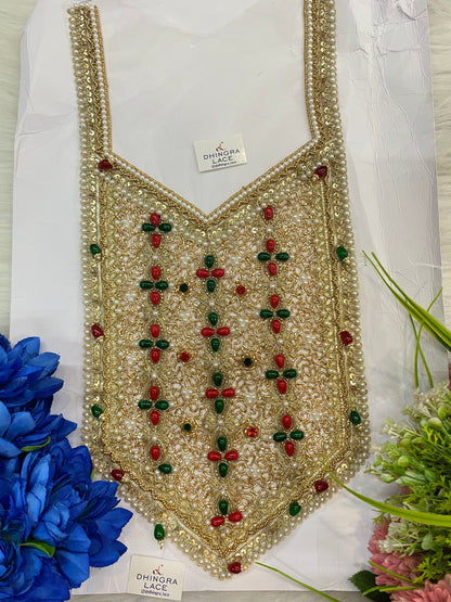 Rhine Stone Or Pearls Red Green Colour Combo With Metal Coins Or Handwork Neck Patches 161026