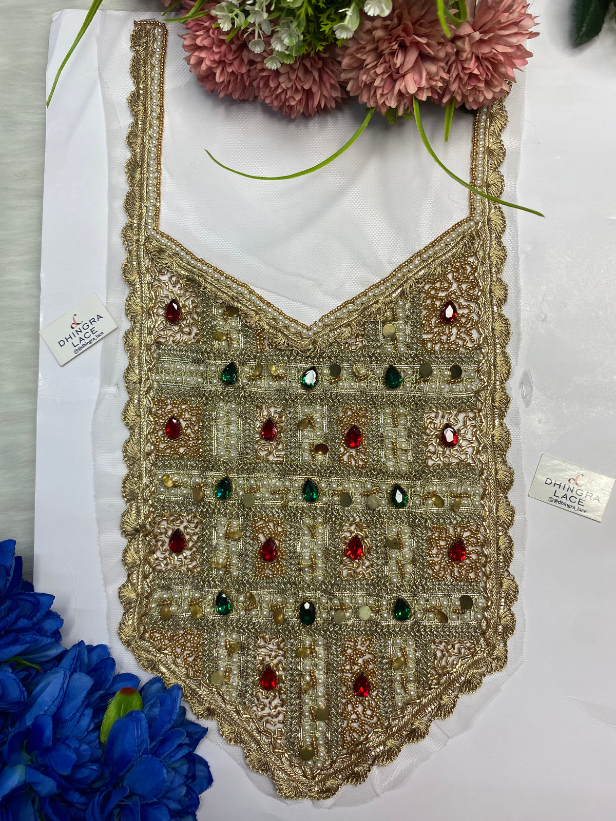 Rhine Stone Or Pearls Red Green Colour Combo With Metal Coins Or Handwork Neck Patches 161026