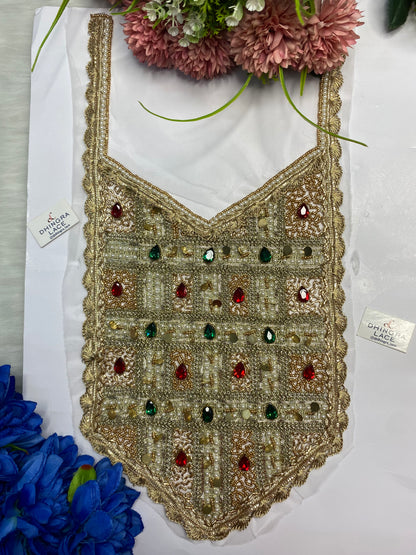 Rhine Stone Or Pearls Red Green Colour Combo With Metal Coins Or Handwork Neck Patches 161026